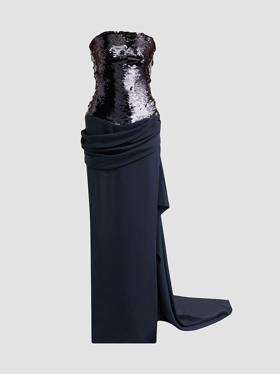 Women's Strapless Sequin & Draped Crepe Gown - Navy - Size 0