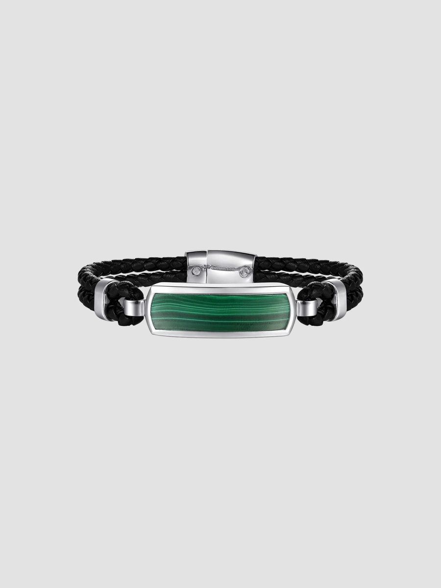 Gabriel & Co Men's Contemporary Sterling Silver, Leather & Malachite ID Bracelet - Silver
