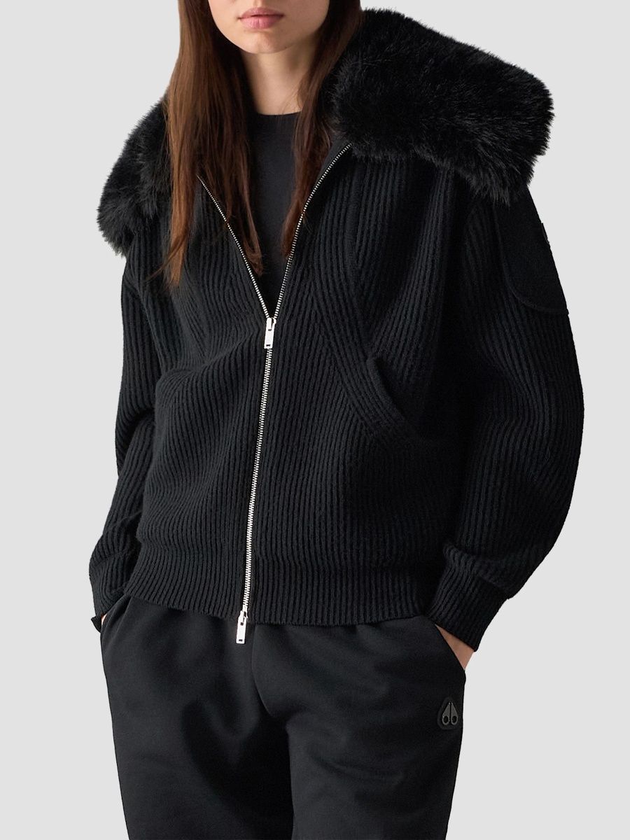 Moose Knuckles Women's Corina Faux-Fur Collar Wool Zip Sweater - Black - Size XS