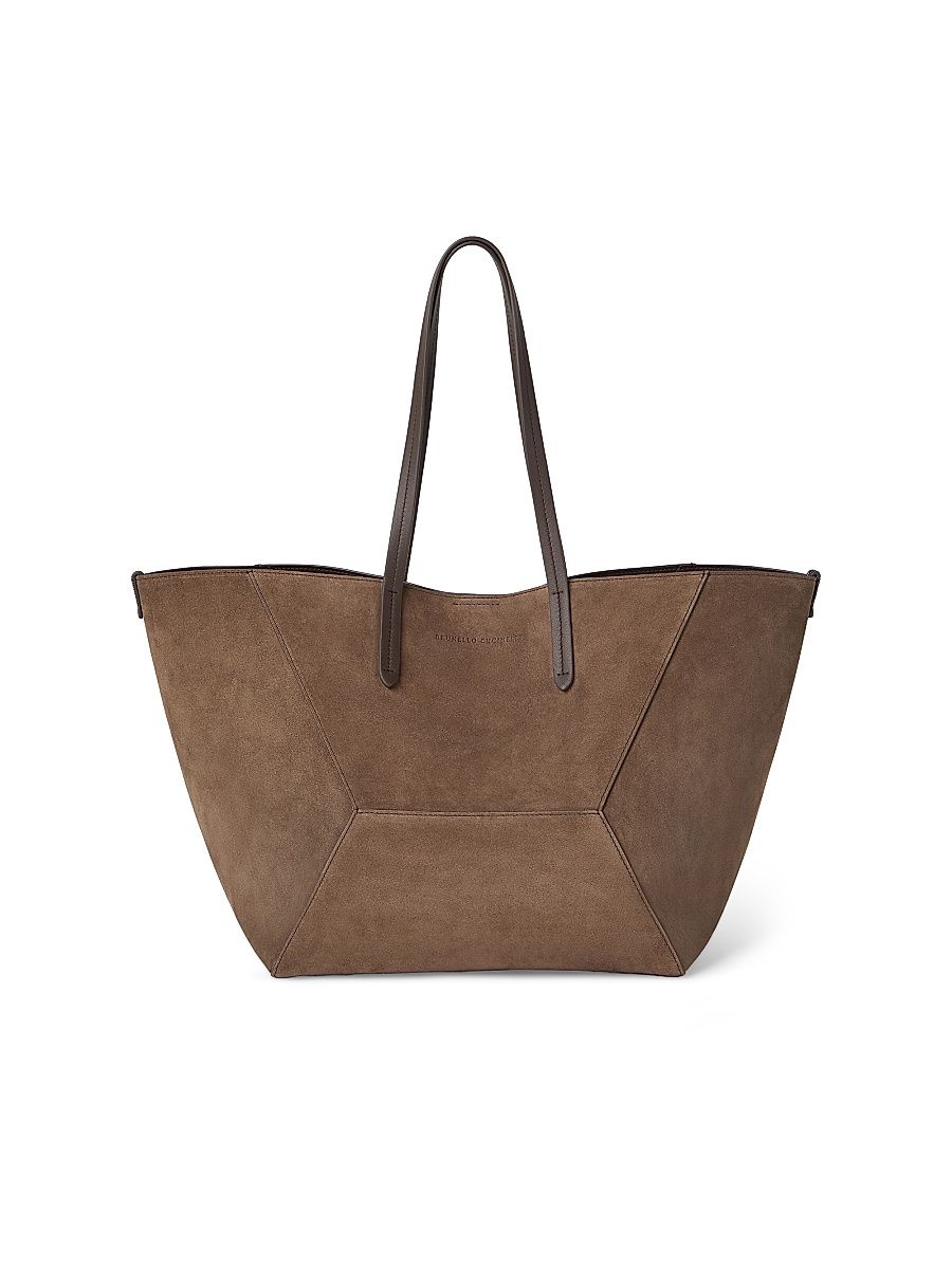 Women's Large Tote Bag in Suede with Monili - Bark