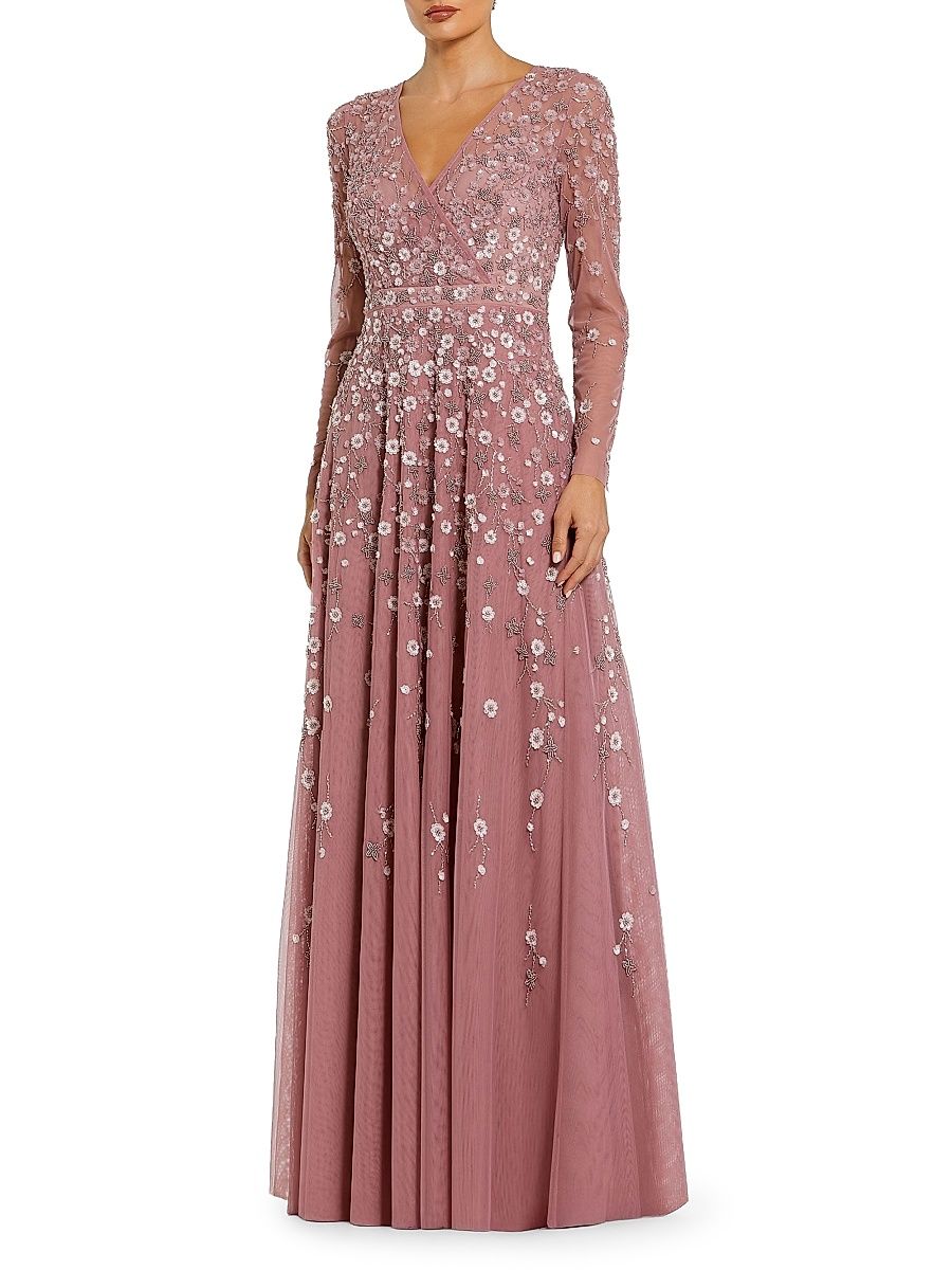 Women's Sequin Embellished Long-Sleeve Gown - Berry - Size 20