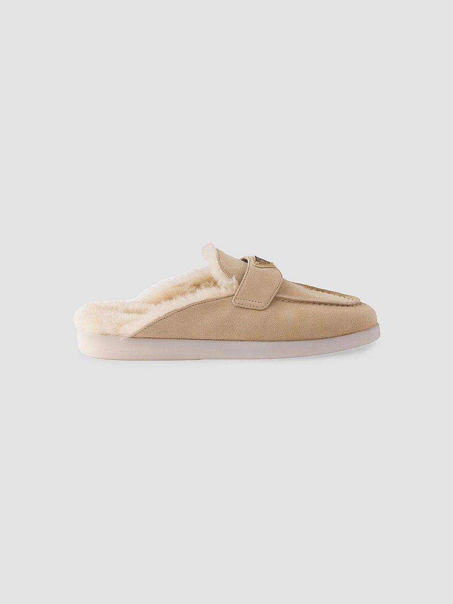 Prada Women's Suede and Shearling Slippers - Beige Khaki - Size 9.5