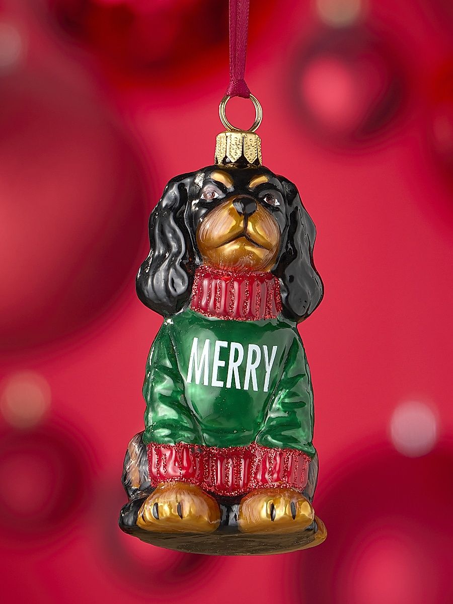 Cavalier King Charles Spaniel In "Merry" Sweater Glass Ornament