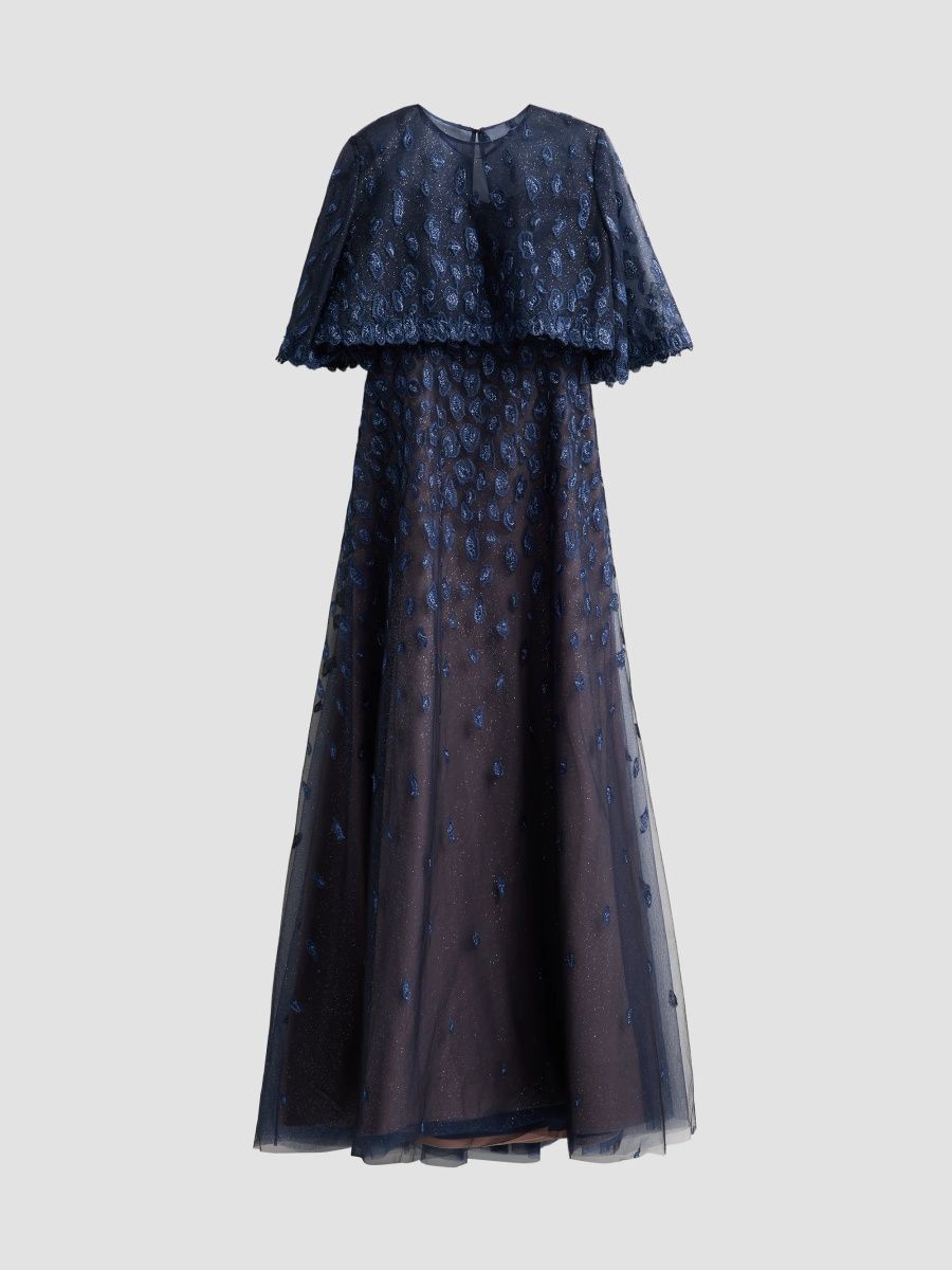 Rene Ruiz Collection Women's Embroidered Capelet Tulle Gown - Blue - Size 16