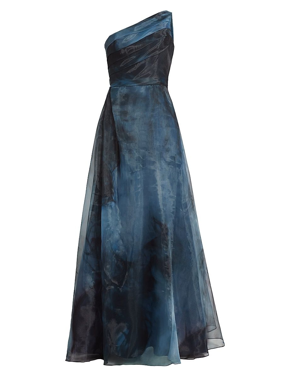 Women's Printed Organza Asymmetric Gown - Blue Smoke - Size 12