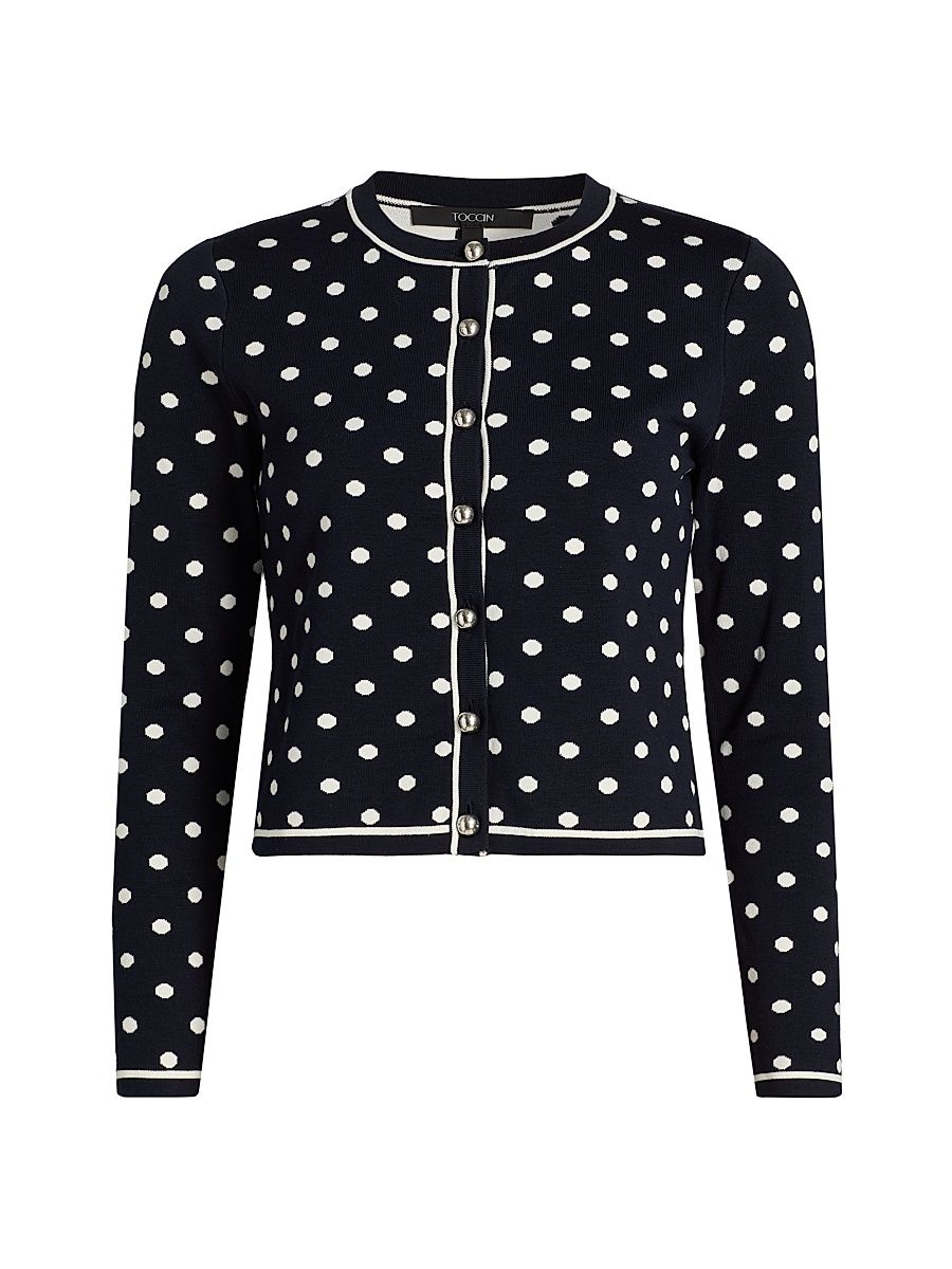 Women's Xandra Polka Dot Silk-Blend Crewneck Cardigan - Midnight Polka Dot - Size Large