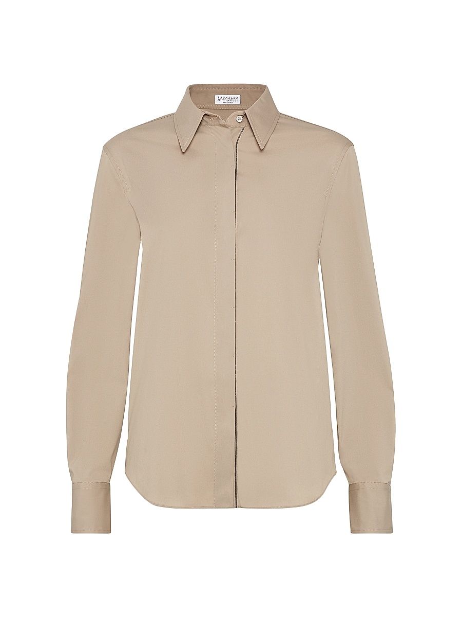 Women's Stretch Cotton Poplin Shirt with Shiny Trim - Beige - Size XXXXL