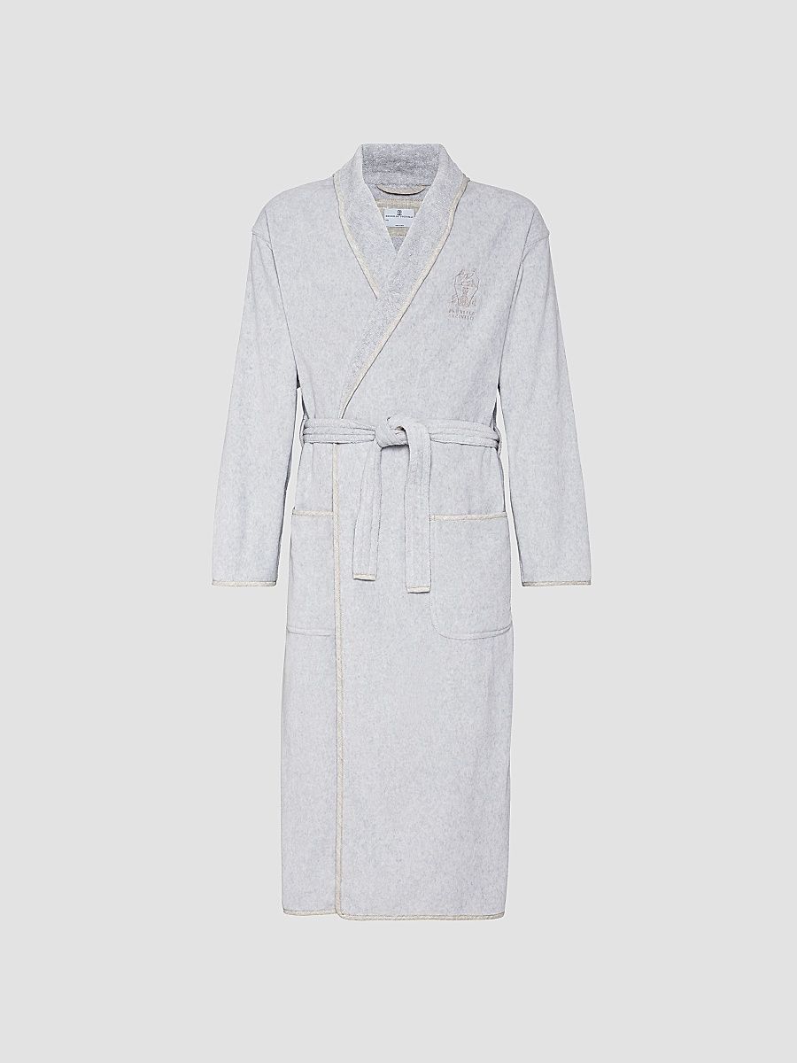 Brunello Cucinelli Women's Cotton Terrycloth Bathrobe with Linen Trims - Light Grey - Size XS
