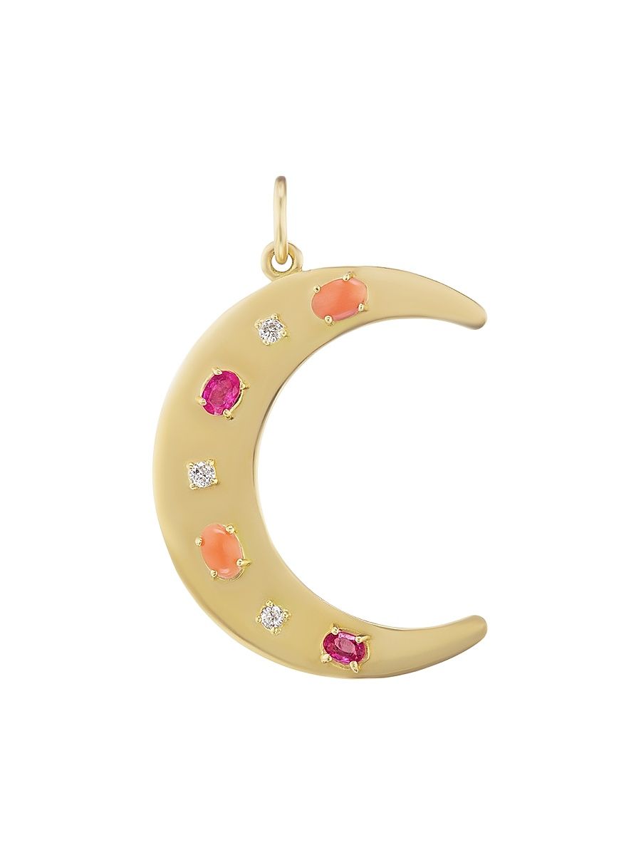 Women's 18K Yellow Gold, Coral, Ruby & White Diamond Crescent Charm - Gold