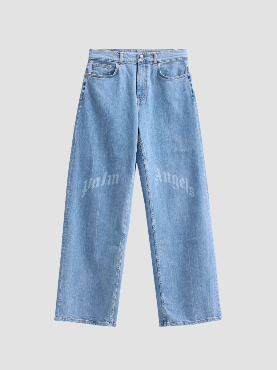 Palm Angels Men's Splitted Curved Logo Loose Jeans - Light Blue - Size 28