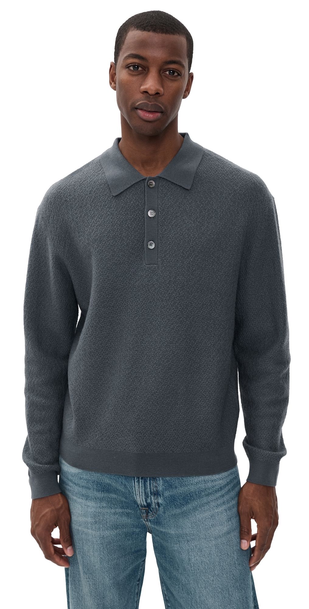 FRAME Long Sleeve Polo Sweater Blue Grey M
