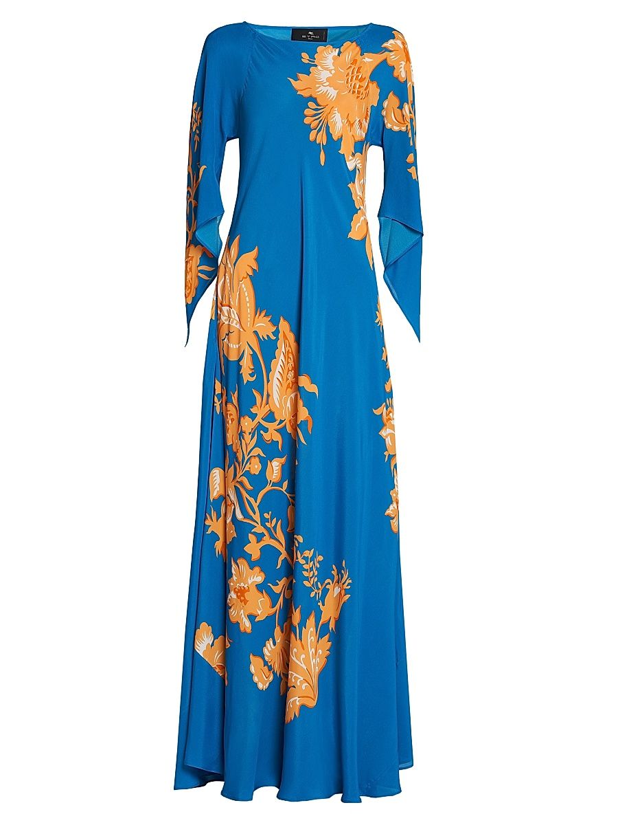 Women's Stamped Floral Drape-Sleeve Maxi Dress - Stampa Blue - Size 12