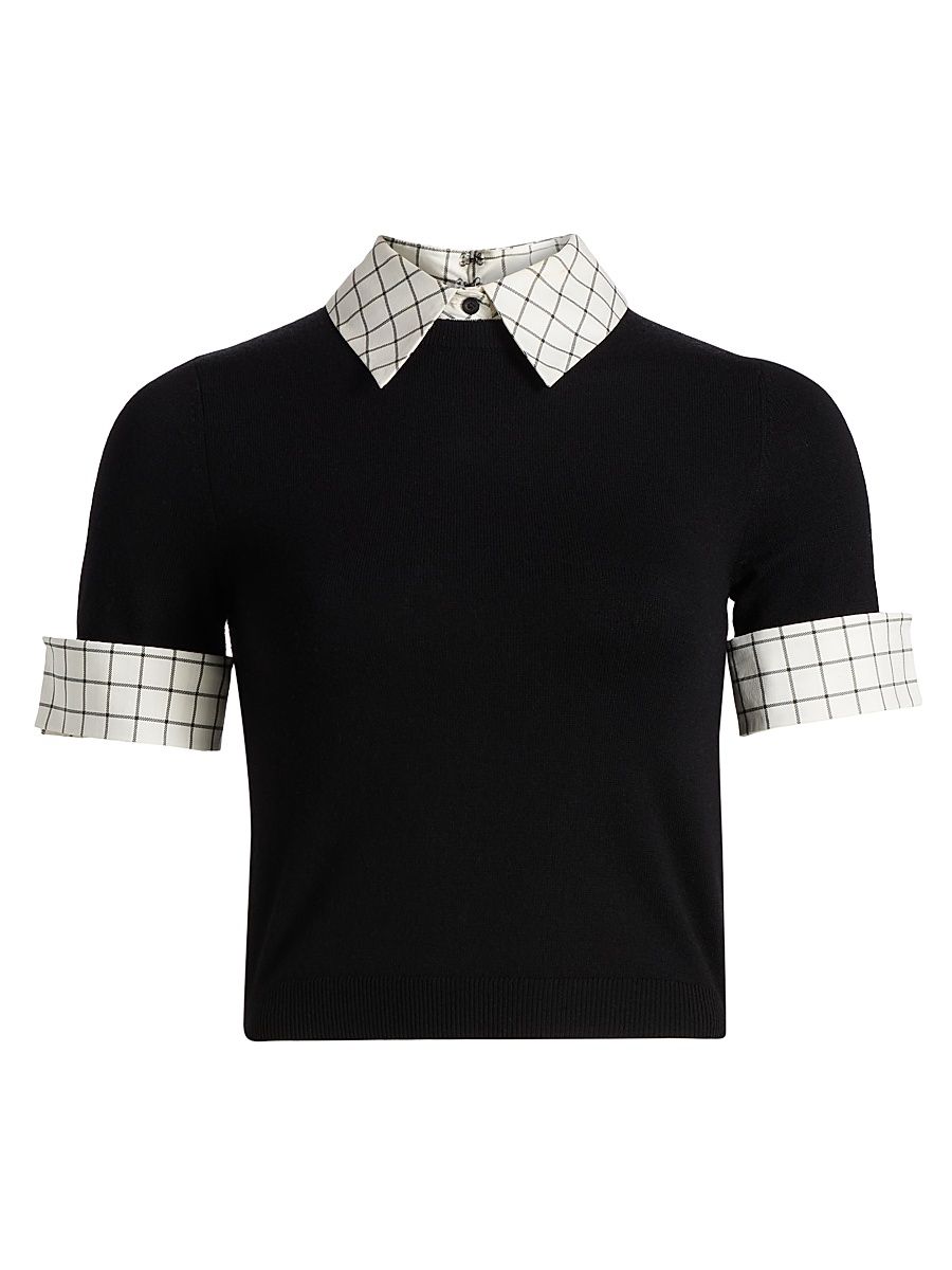 Women's Aster Stretch Wool Collared Top - Black Soft White - Size XL