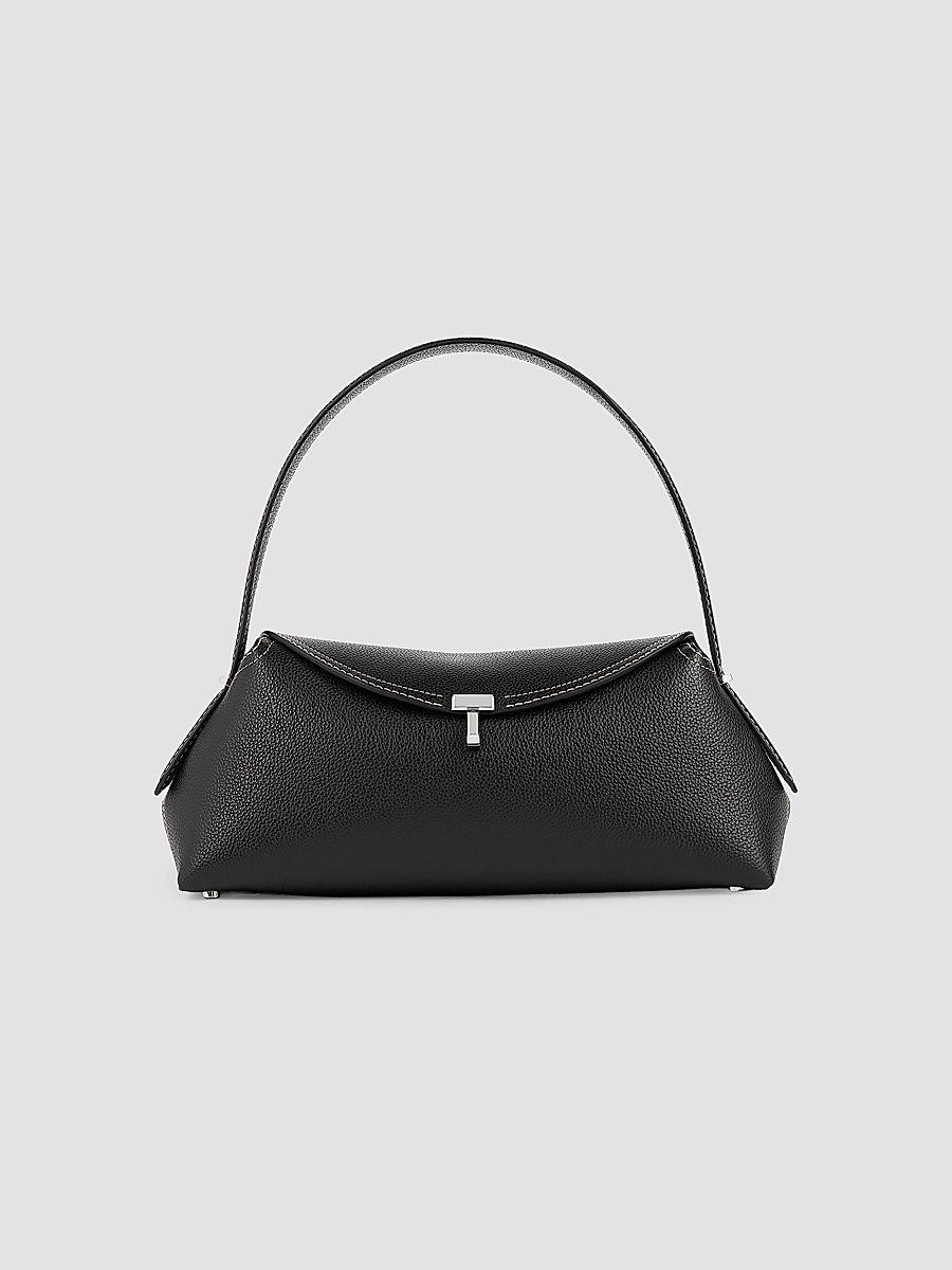 Women's T-Lock Grain Leather Shoulder Bag - Black