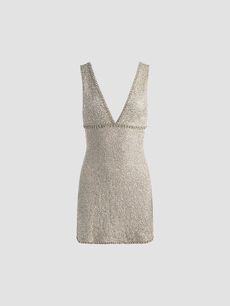 ALICE + OLIVIA Women's Mandy Embellished PlungingV-Neck Mini Dress - Silver - Size 14