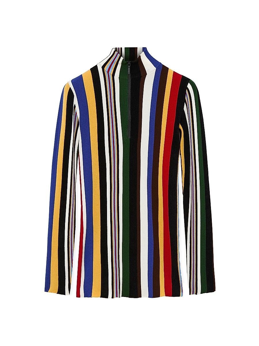 Women's Striped Slim Zip-Front Top - Red Multi - Size Large