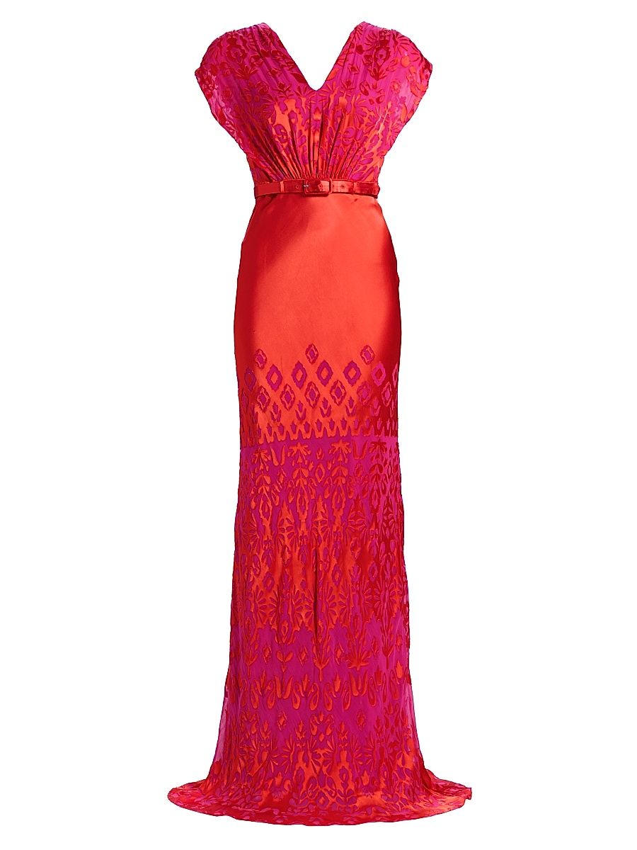Women's Apsara Satin Devore Belted Gown - Magenta Rouge Plmt - Size 10