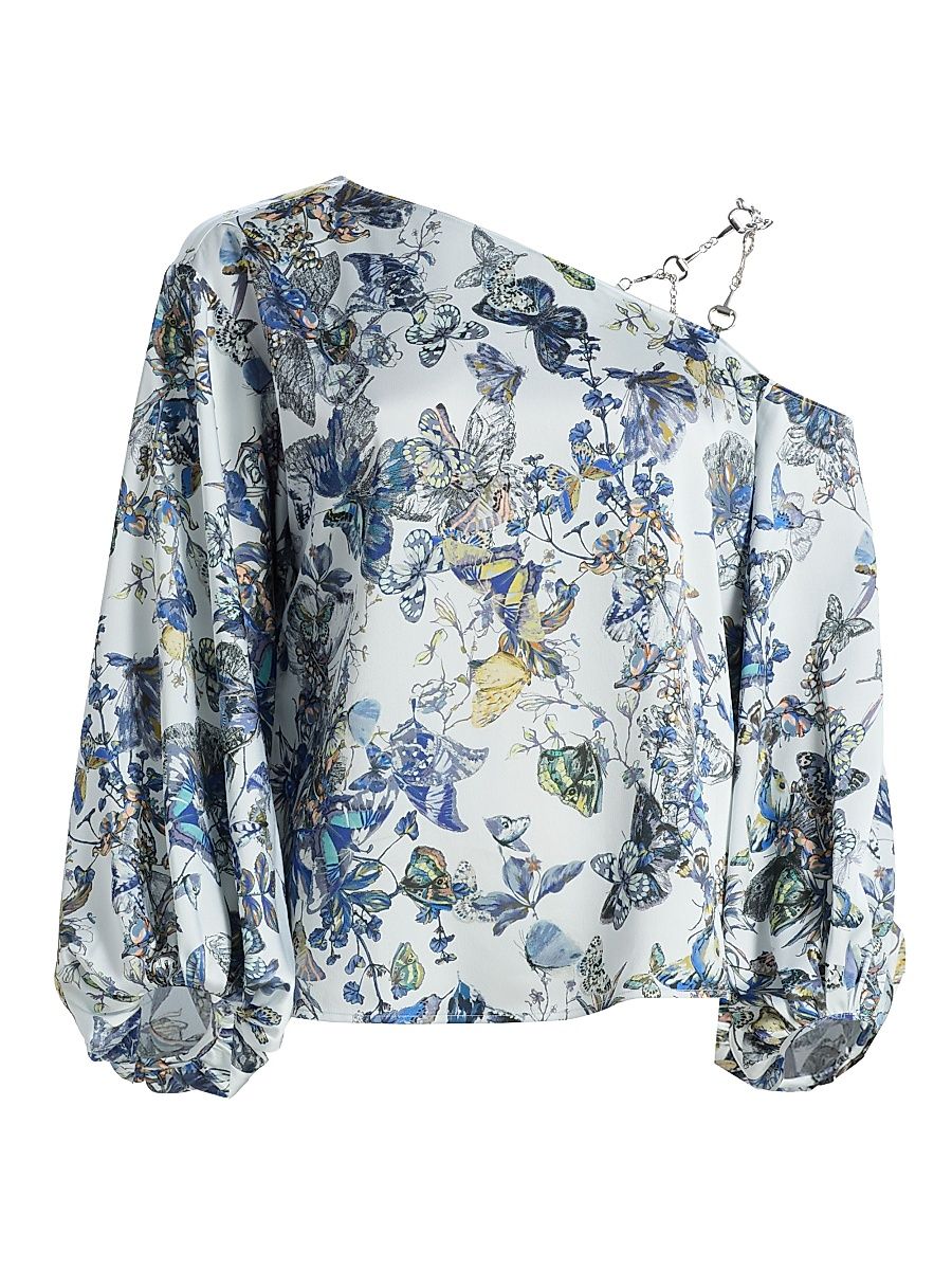 Women's Asami Printed Chain One-Shoulder Blouse - Grey Watercolor Butterfly - Size XXL
