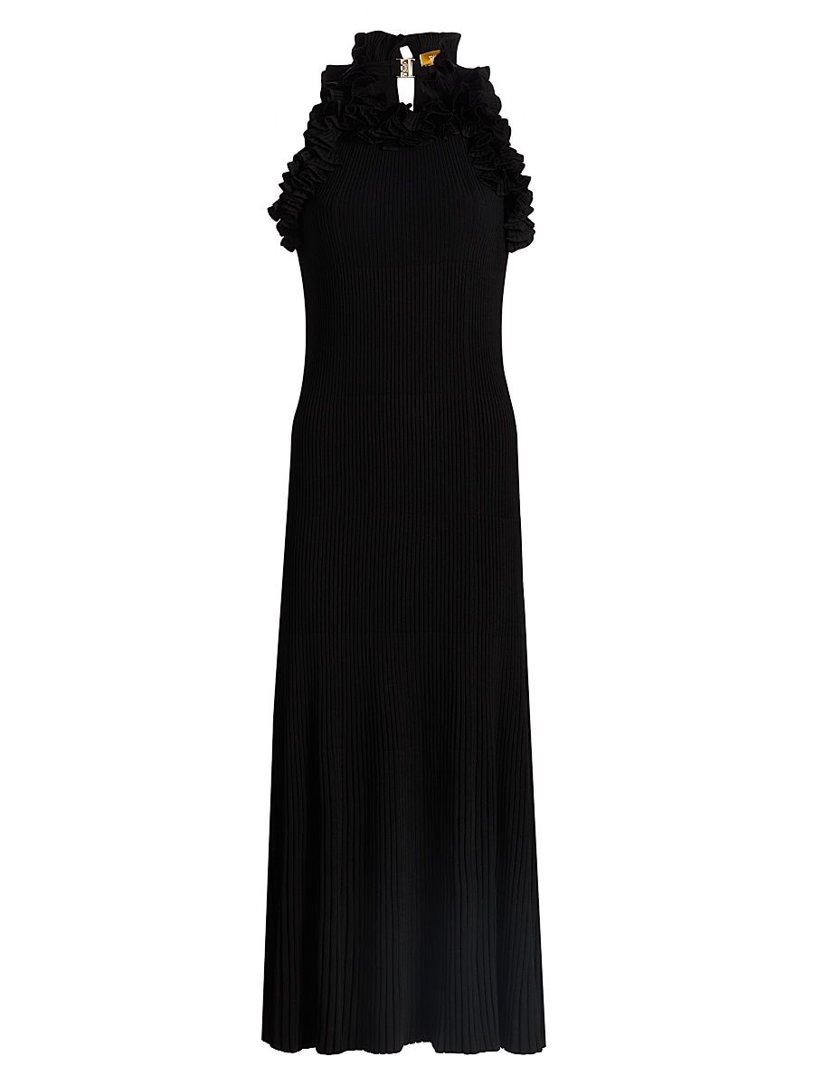 Women's Luna Ruffle Compact Rib-Knit Midi-Dress - Black - Size 8