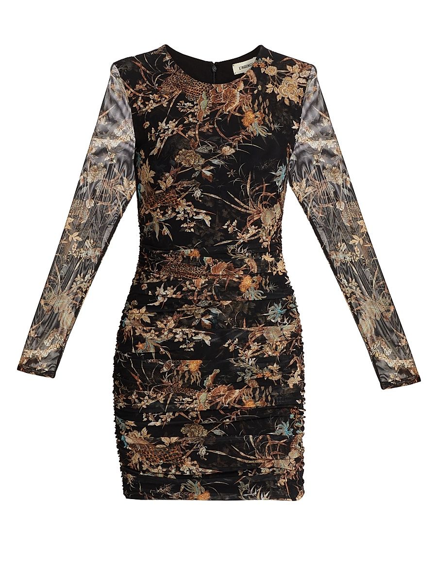 Women's Sunny Printed Stretch Ruched Minidress - Black Multi Tapestry - Size 14