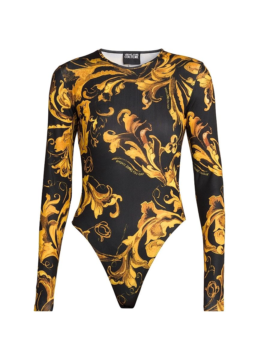 Women's Baroque-Print Long-Sleeve Bodysuit - Black Gold - Size 8