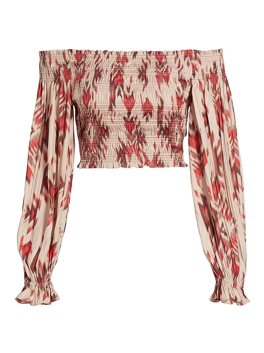 Women's Graciela Smocked Off-The-Shoulder Top - Tan Multi Ganado Print - Size XL