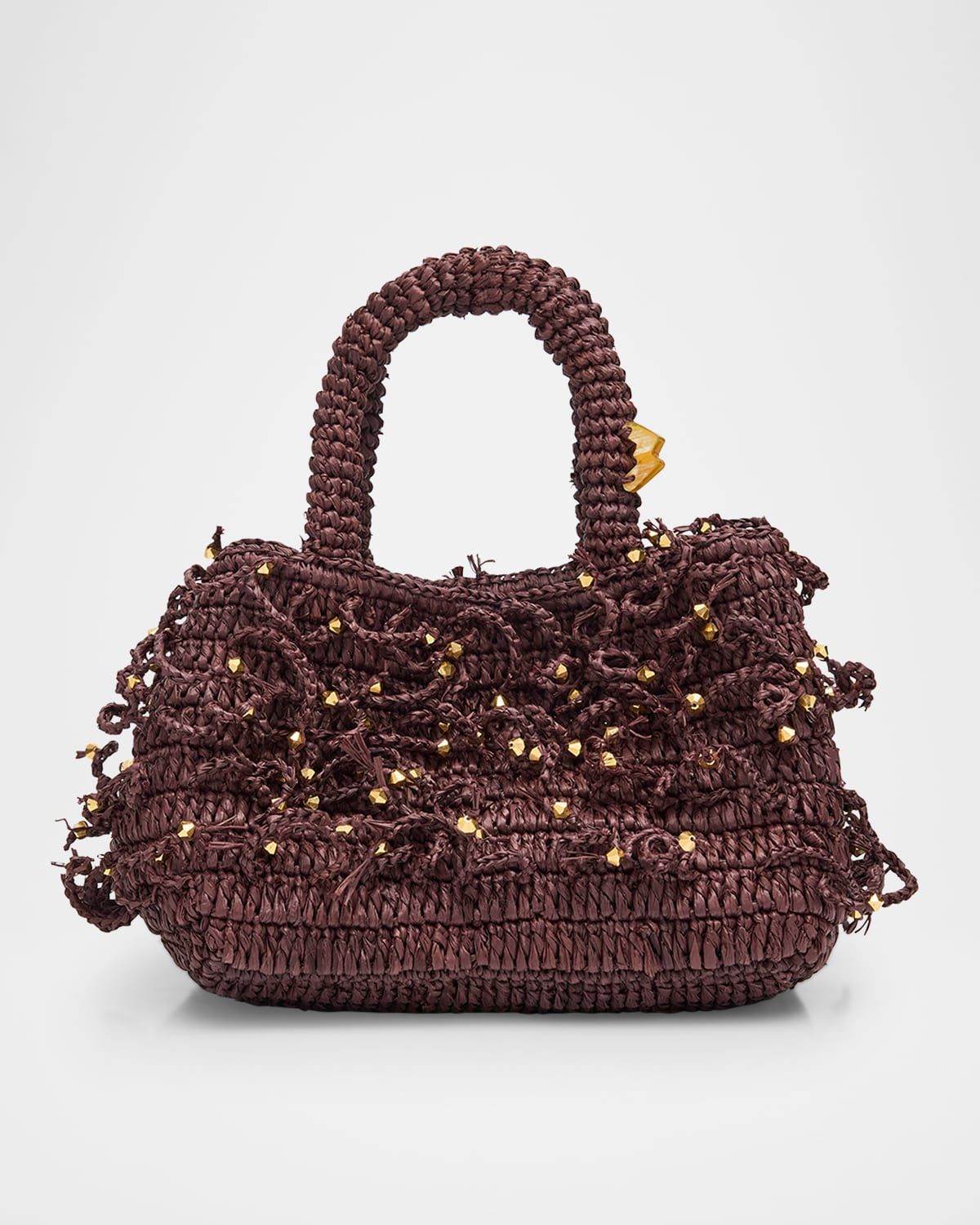 Fanny Woven Top-Handle Bag with Beaded Fringe