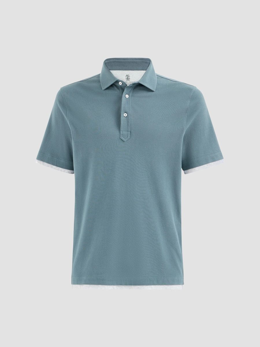 Brunello Cucinelli Men's Cotton Piqué Polo Shirt with Faux-Layering - Avio Blue - Size XXL
