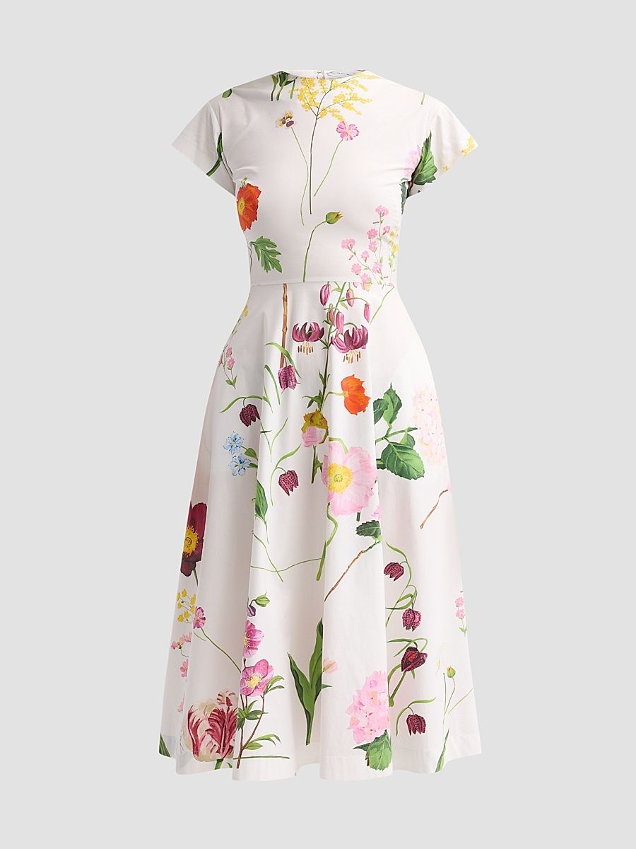 Women's Mixed Botanical Cotton Poplin Midi Dress - White Multi - Size 16