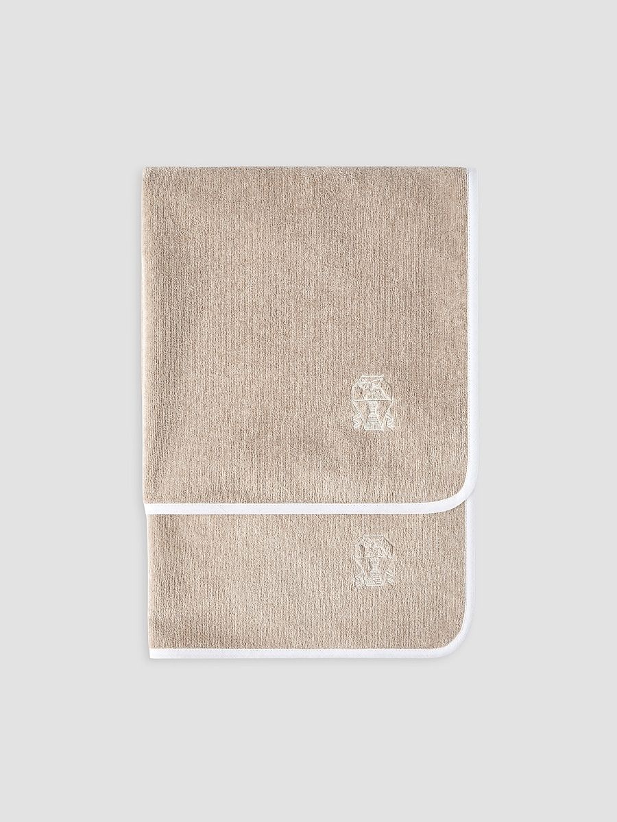2 Piece Cotton Terrycloth Bath Towel Set with Embroidery - Beige