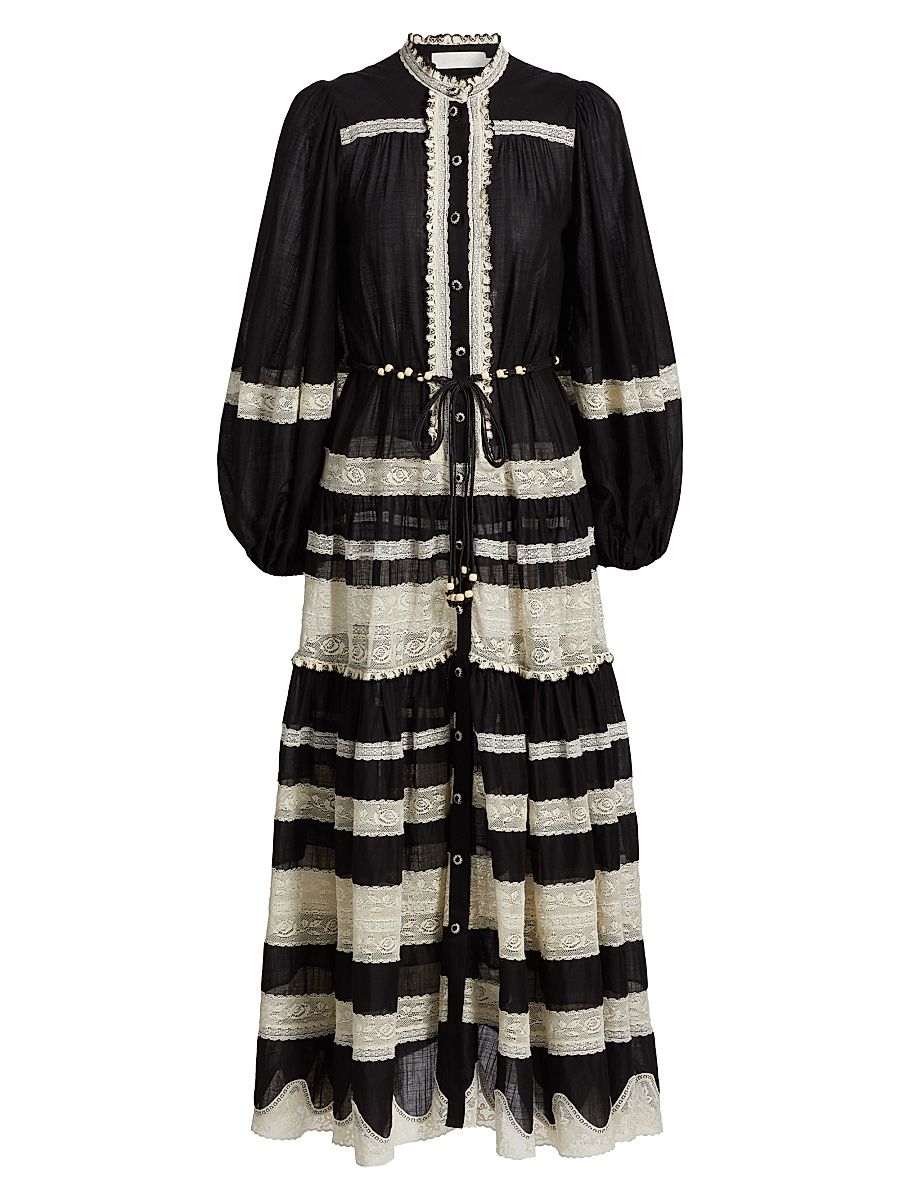 Women's Rhiannon Lace Billow Striped Cotton Maxi Dress - Black Cream - Size 8