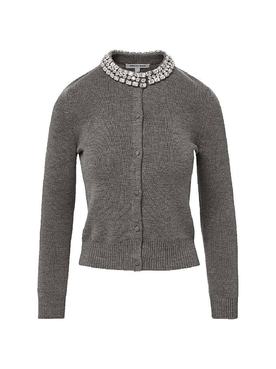 Women's Daro Embellished Merino Wool Cardigan - Dark Heather Grey - Size XL