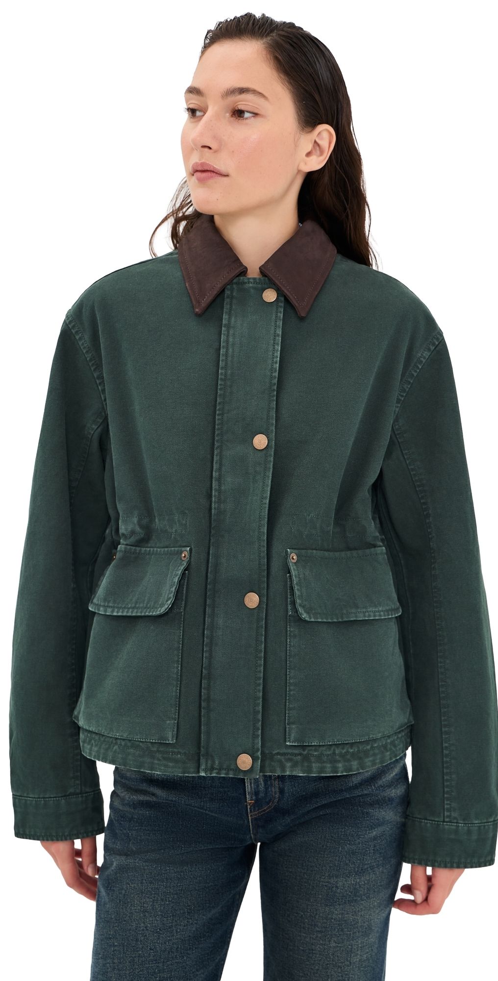 Acne Studios Canvas Jacket with Leather Collar Dark Green 36