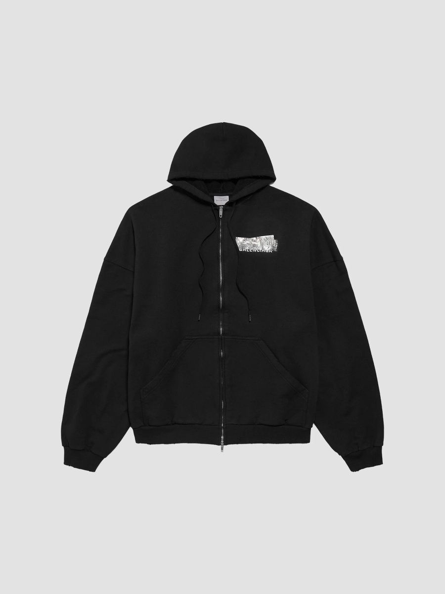 Balenciaga Men's Silver Tape Large Zip-Up Hoodie - Black - Size XXL