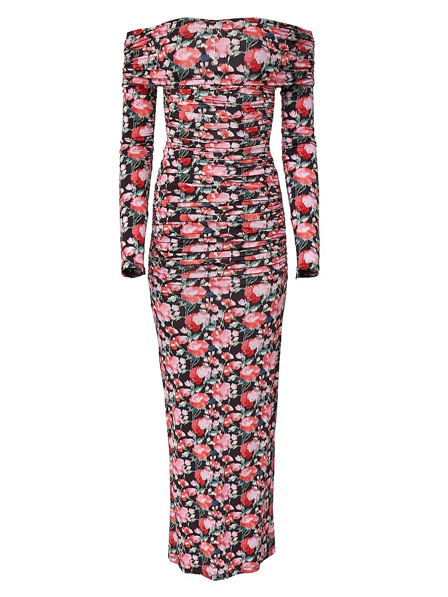 Women's Ruched Floral Off-The-Shoulder Gown - Pink Multi - Size Medium