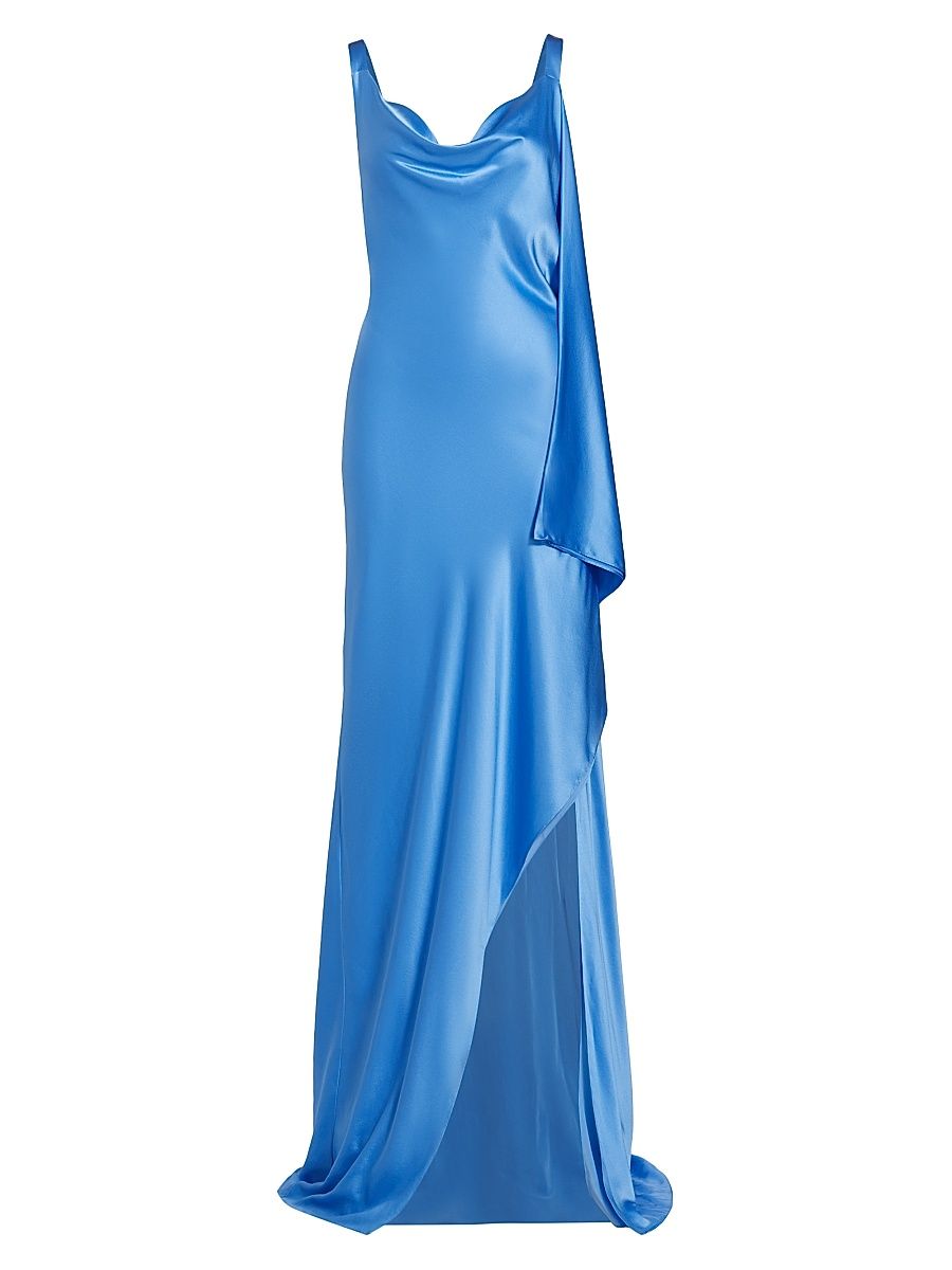 Women's Asymmetric Bias-Cut Silk Satin Gown - Blue - Size 8