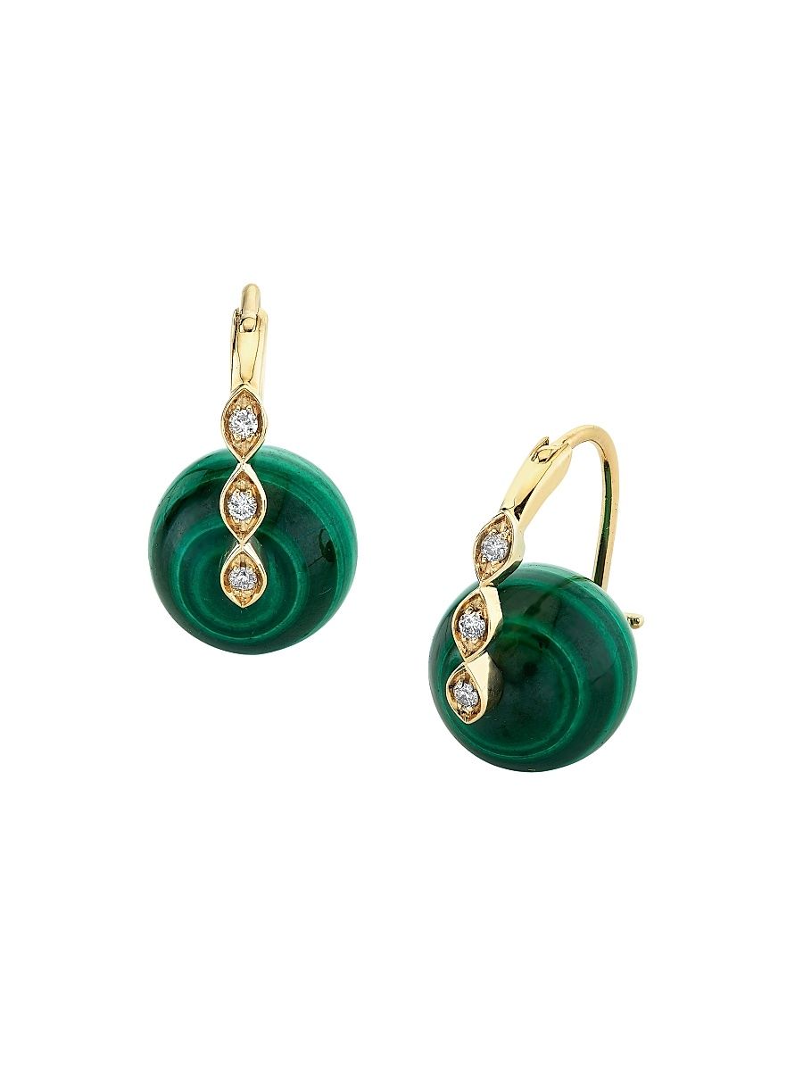 Women's 14K Yellow Gold, Malachite & 0.07 TCW Diamond Bead Drop Earrings - Yellow Gold