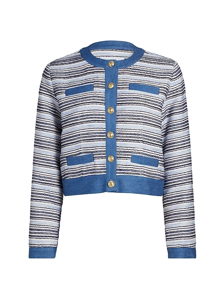 Women's Elain Denim Trim Tweed Jacket - Blue White - Size 14