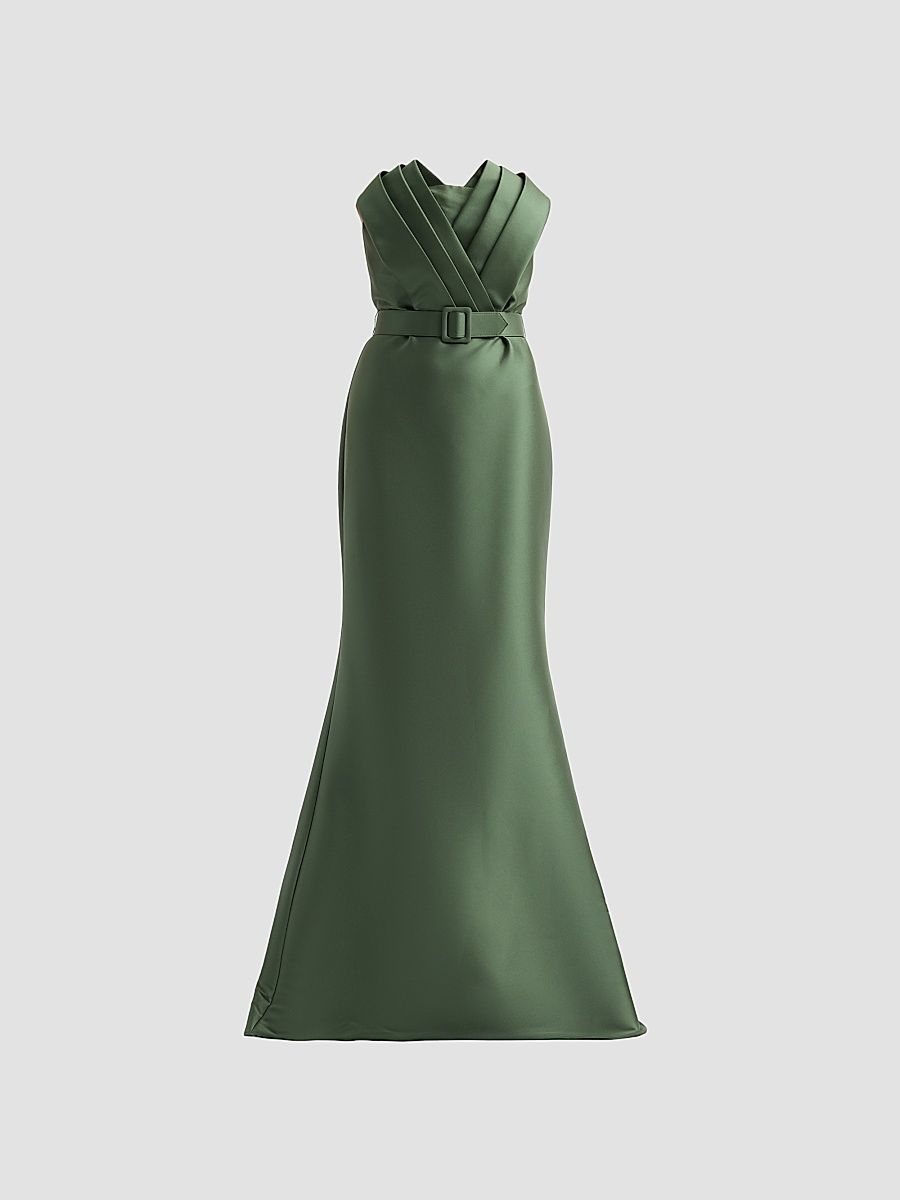 Badgley Mischka Women's Pleated Strapless Satin Flare Gown - Olive - Size 16