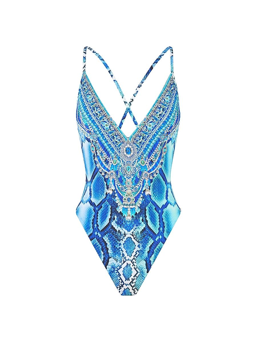 Women's The Sapphire Serpent V-Neck One-Piece Swimsuit - The Sapphire Serpent - Size XL