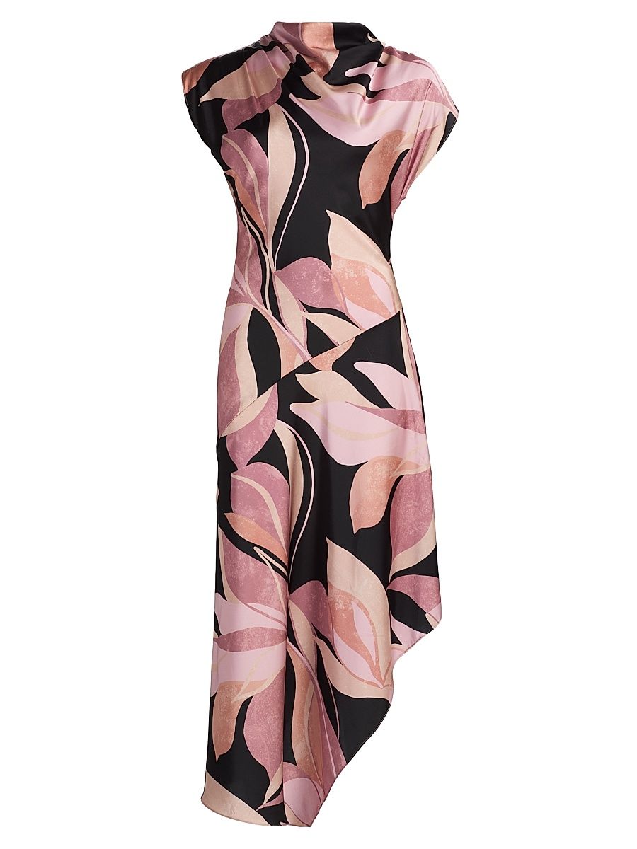 Women's Sally Asymmetric Satin Midi-Dress - Moody Abstract Floral Stn - Size Large