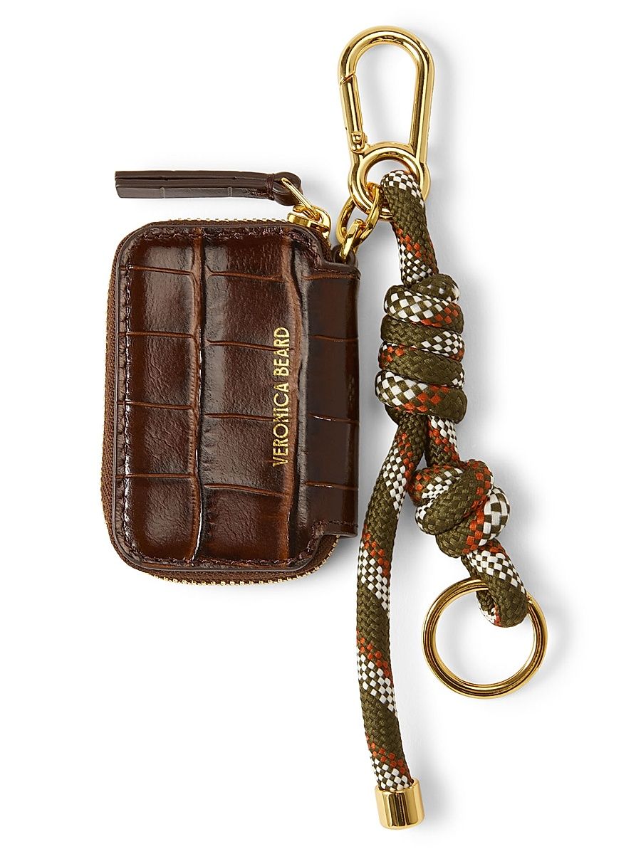 Croc-Embossed Leather Zip Pouch Bag Charm - Chestnut