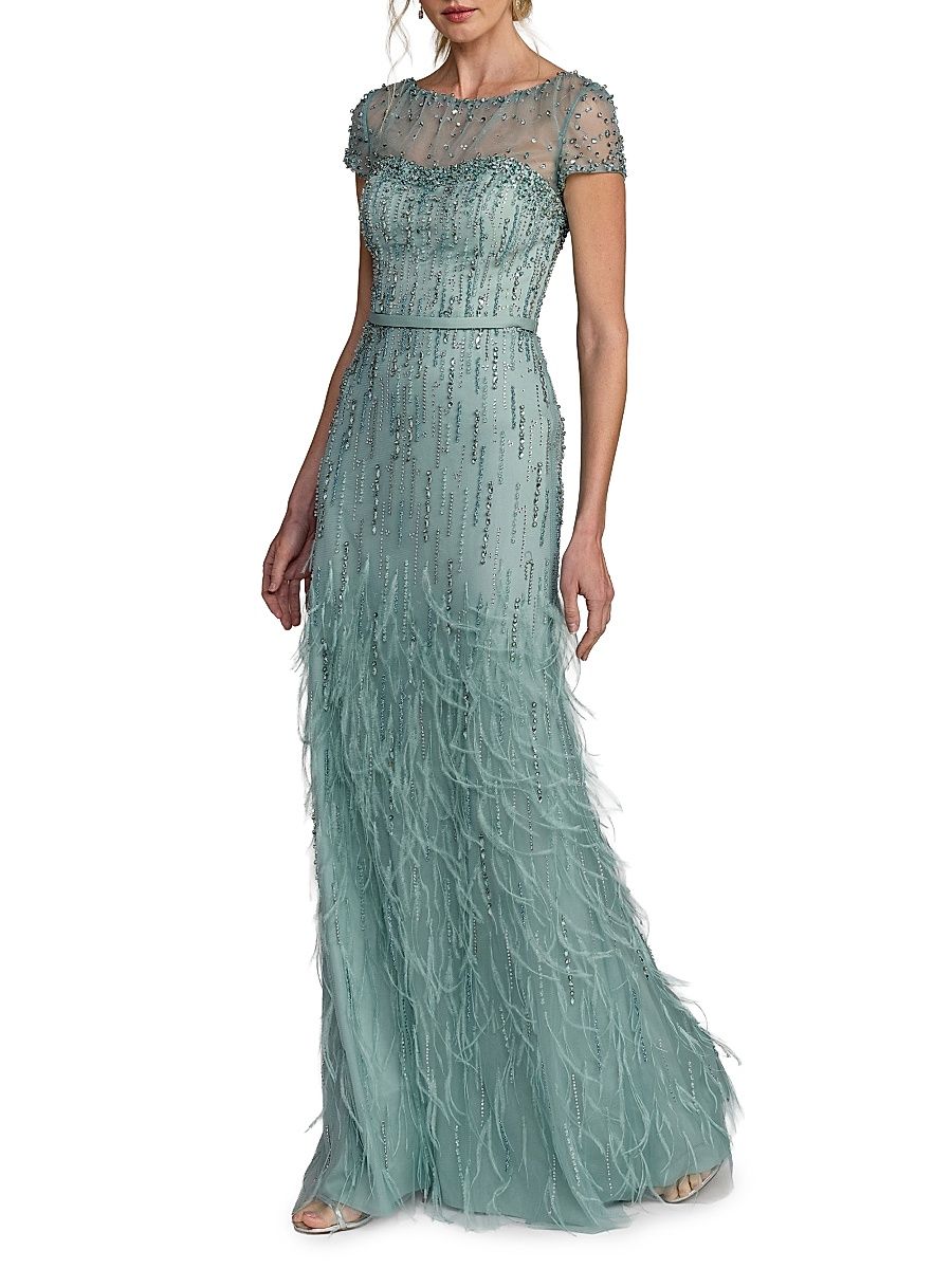 Women's Embellished Illusion Mesh A-Line Gown - Seafoam - Size 4