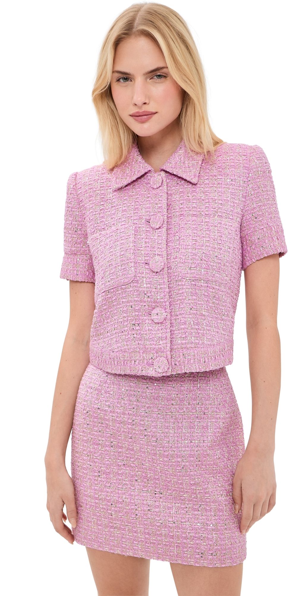 L'AGENCE Chita Cropped Short Sleeve Jacket Peony/Silver Metallic Tweed 2