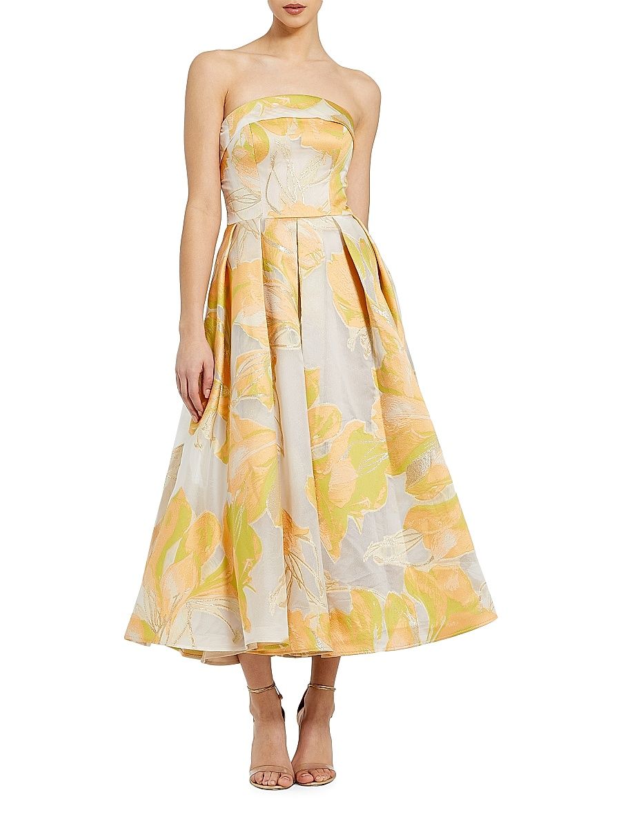 Women's Floral Brocade Strapless Cocktail Dress - Peach Multi - Size 16
