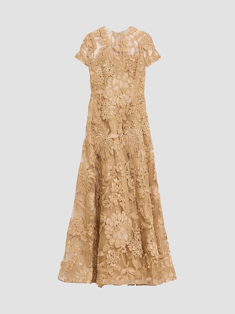 Women's Floral Raffia Cap-Sleeve Gown - Beige Gold - Size 2