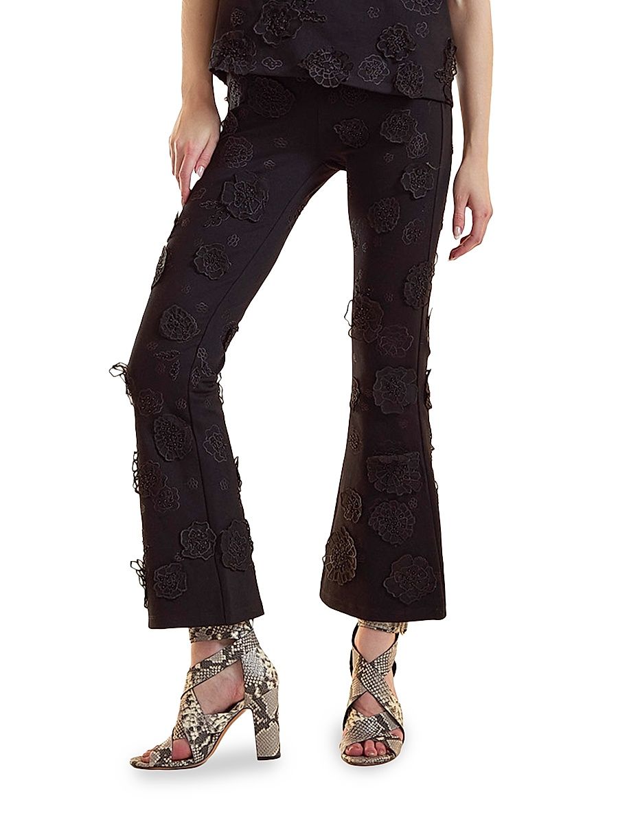 Women's 3D Floral Ponte-Knit Bootcut Pants - Black - Size 8
