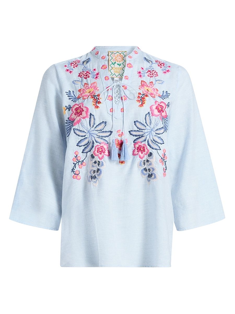 Women's Lirielle Embroidered Tie-Front Blouse - Blue Slub Linen - Size Medium