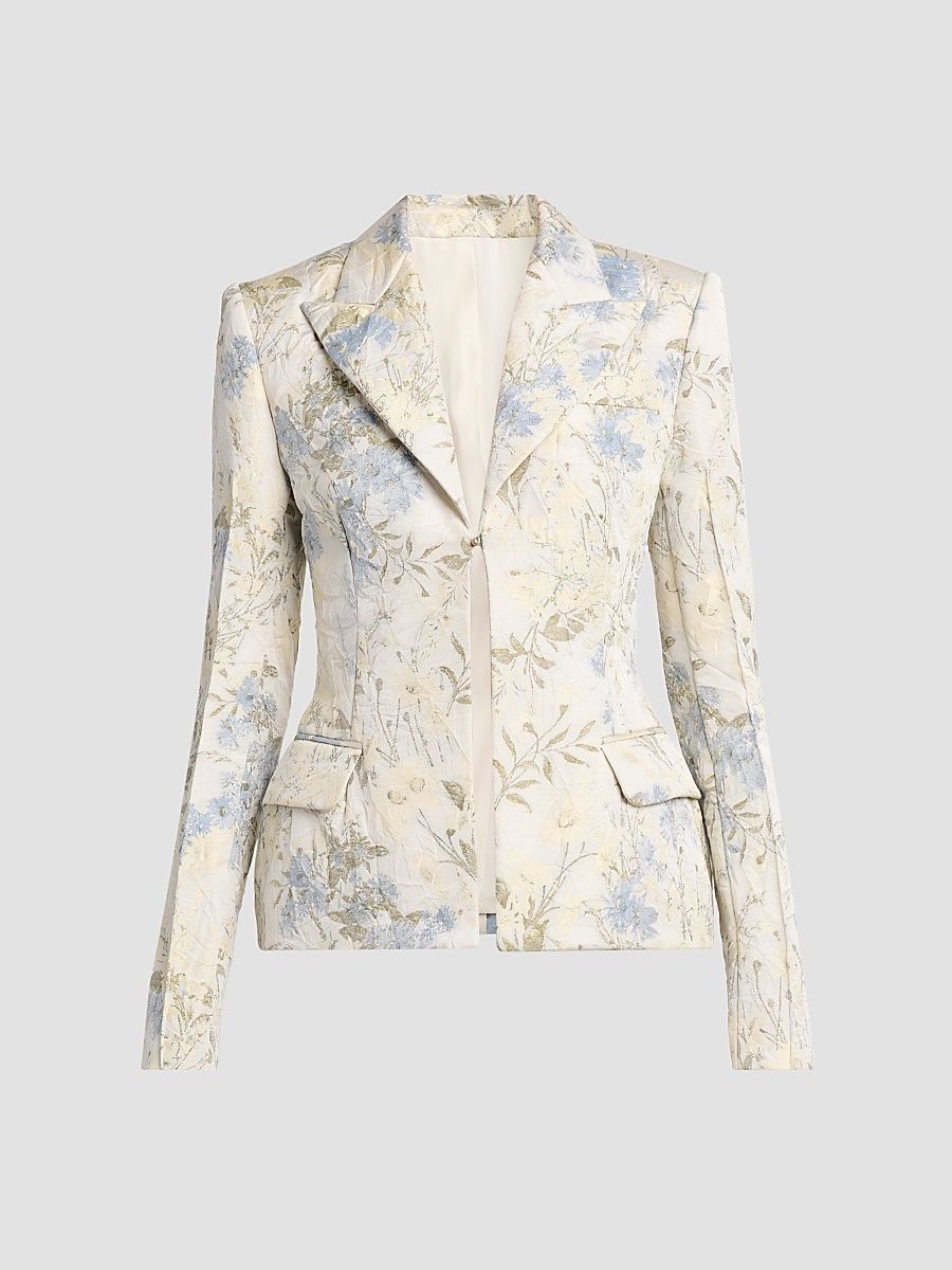 Women's Floral Jacquard Single-Breasted Jacket - Ivory Lemon Blue - Size 14