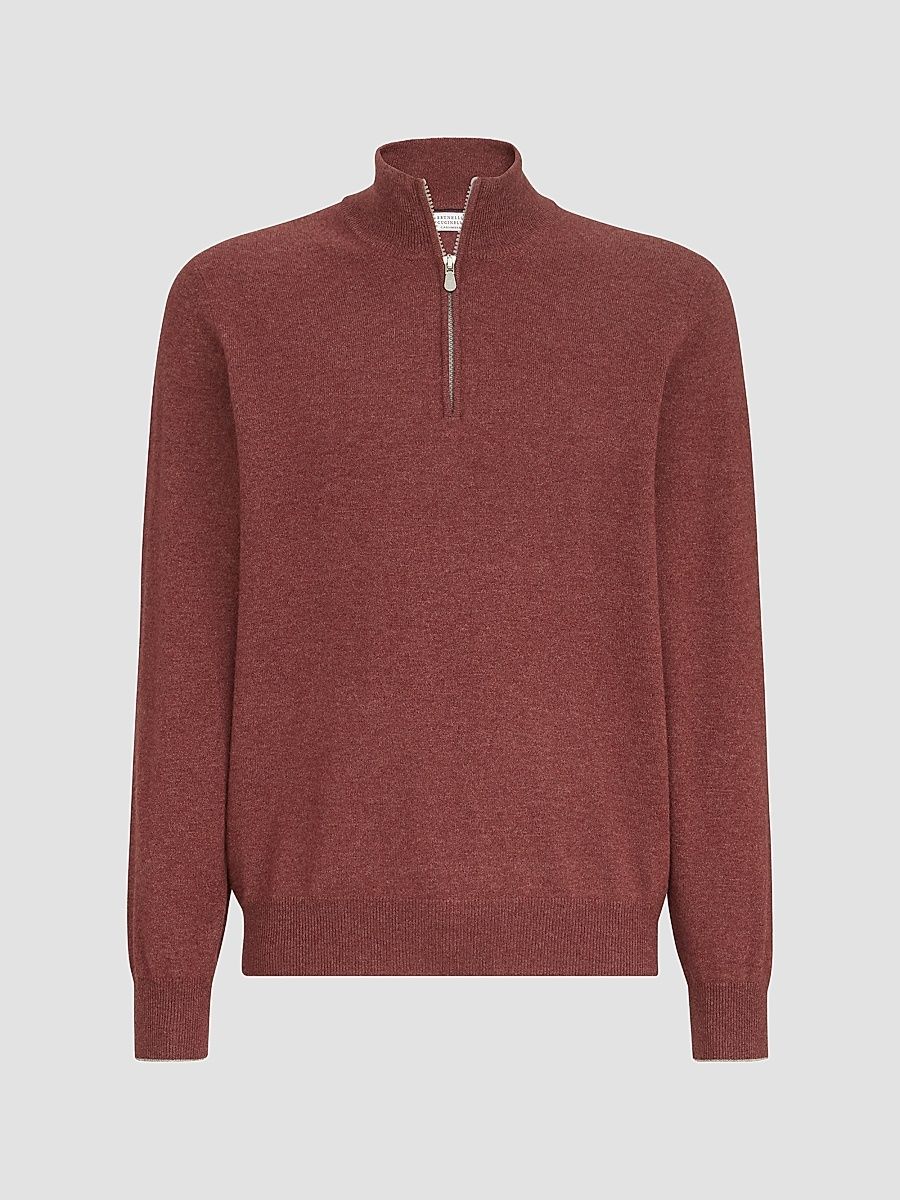 Men's Cashmere Sweater with Half Zip - Burgundy - Size 48